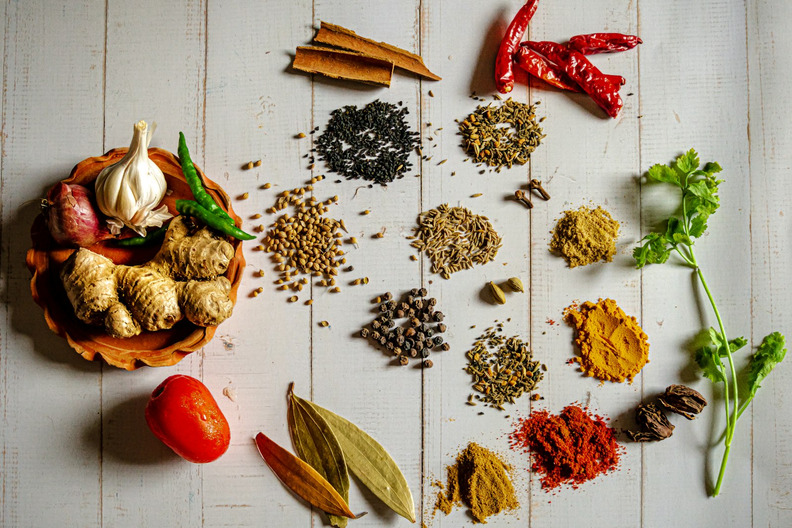 South Indian spices arranged for cooking